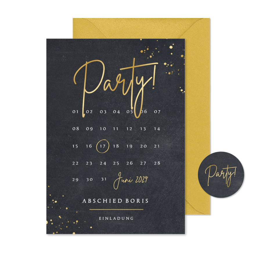 Partyeinladung Kalender Goldschrift - Karteneindruck