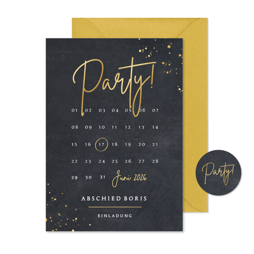 Partyeinladung Kalender Goldschrift - Kartenvorschau