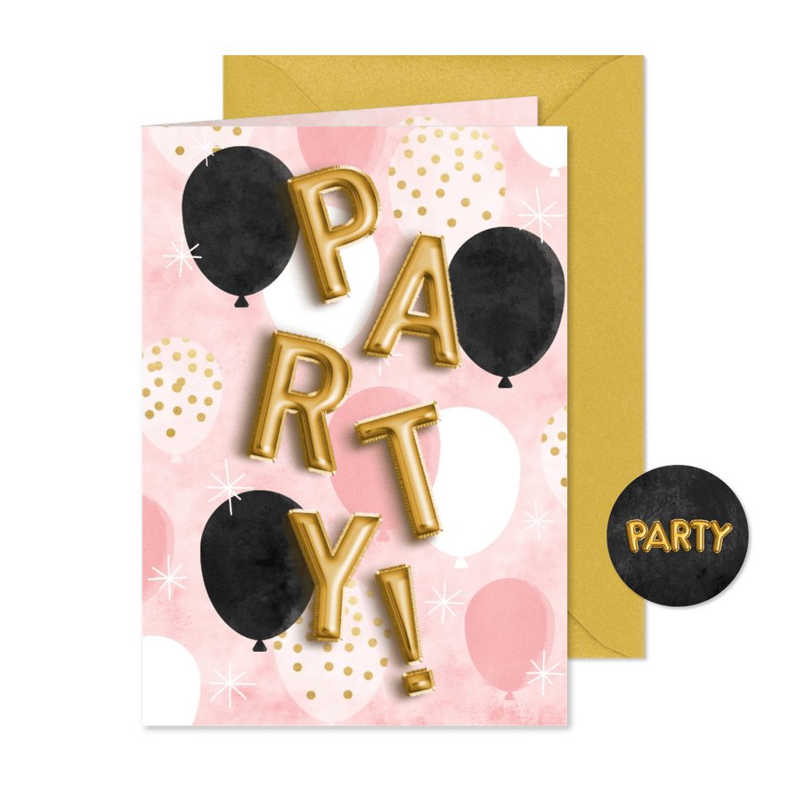 Partyeinladung mit Folienballons in Gold - Karteneindruck