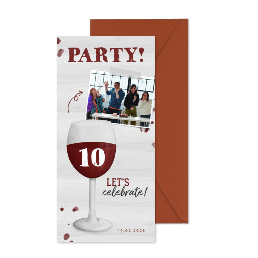 Partyeinladung mit Foto und Rotweinglas - Karteneindruck
