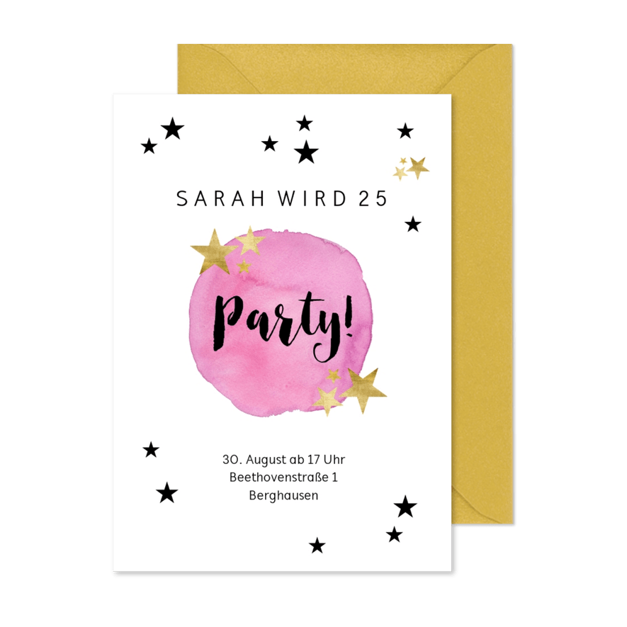 Partyeinladung mit rosa Wasserfarbe & Sternen - Karteneindruck