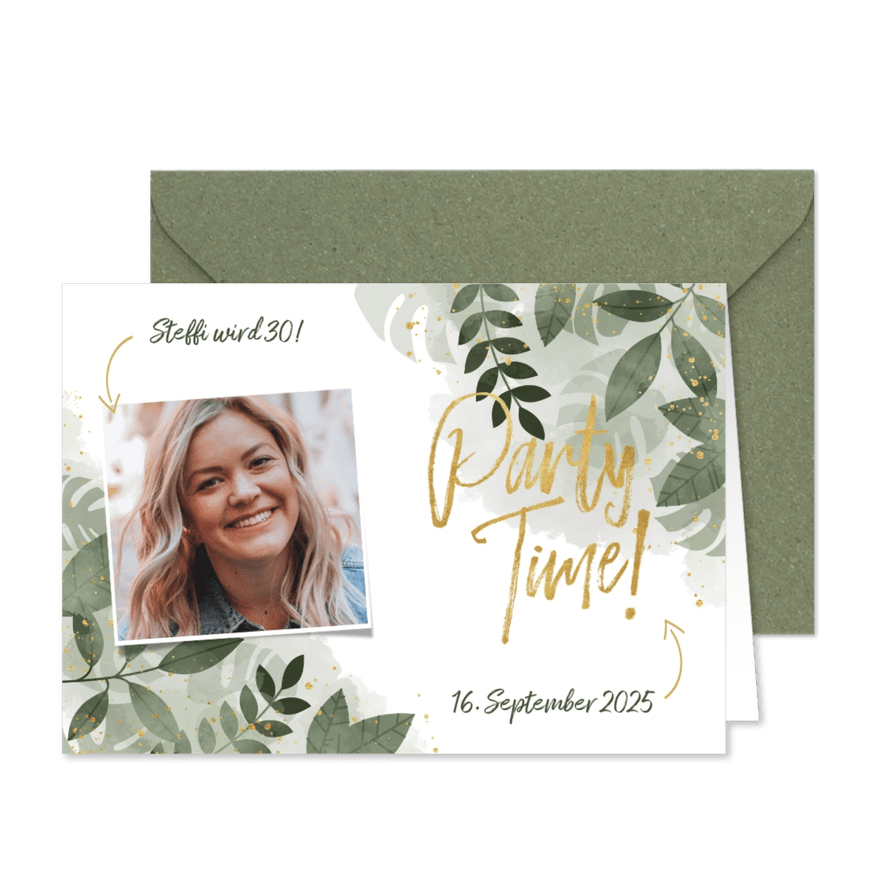 Partyeinladung zum Geburtstag botanisch mit Foto - Karteneindruck