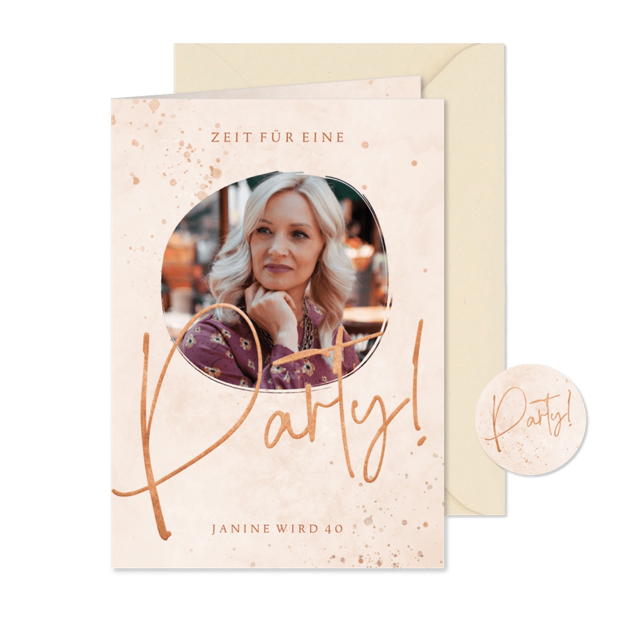 Partyeinladung zum Geburtstag lachsrosa mit Foto - Karteneindruck
