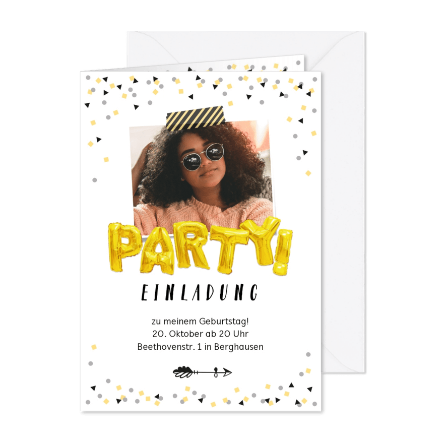 Partyeinladung zum Geburtstag Partyballons mit Foto - Karteneindruck
