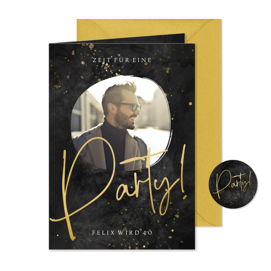 Partyeinladung zum Geburtstag schwarz mit Foto - Karteneindruck
