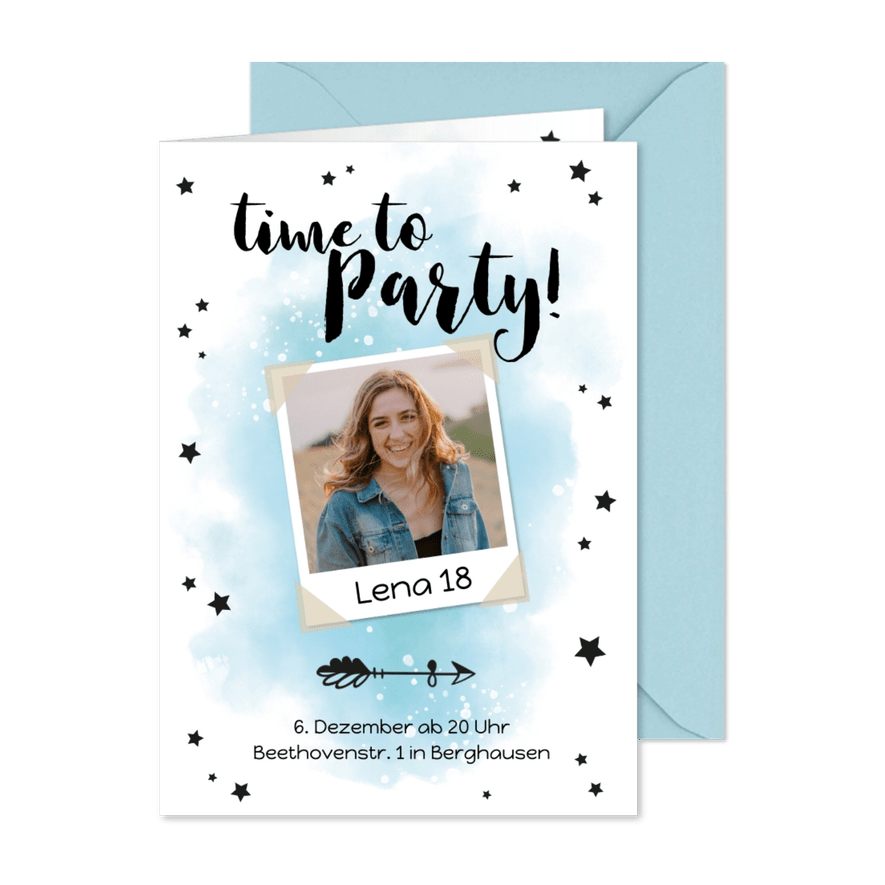 Partyeinladung zum Geburtstag 'Time to party' mit Foto - Kartenvorschau
