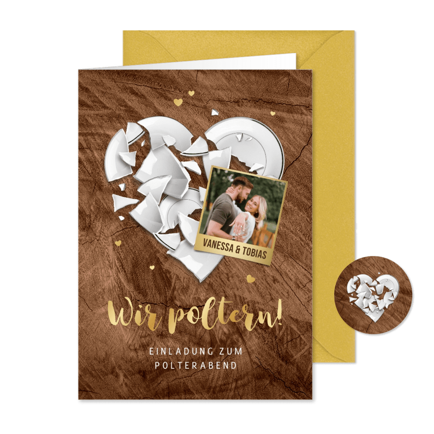Polterabend-Einladung Scherben-Herz auf Holz - Karteneindruck
