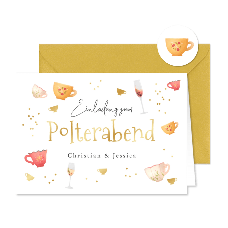 Polterabend Einladung Tassen und Gläser - Karteneindruck
