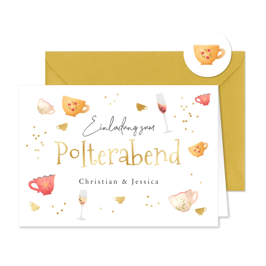 Polterabend Einladung Tassen und Gläser - Karteneindruck