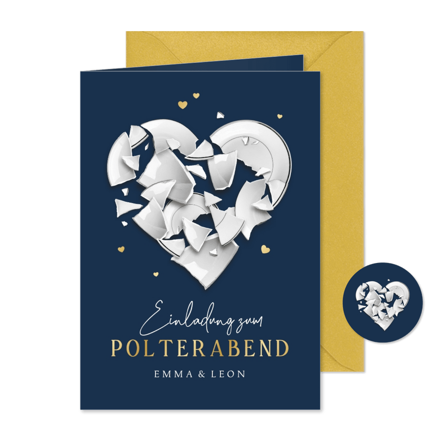 Polterabend Einladungskarte Herz aus Scherben - Karteneindruck