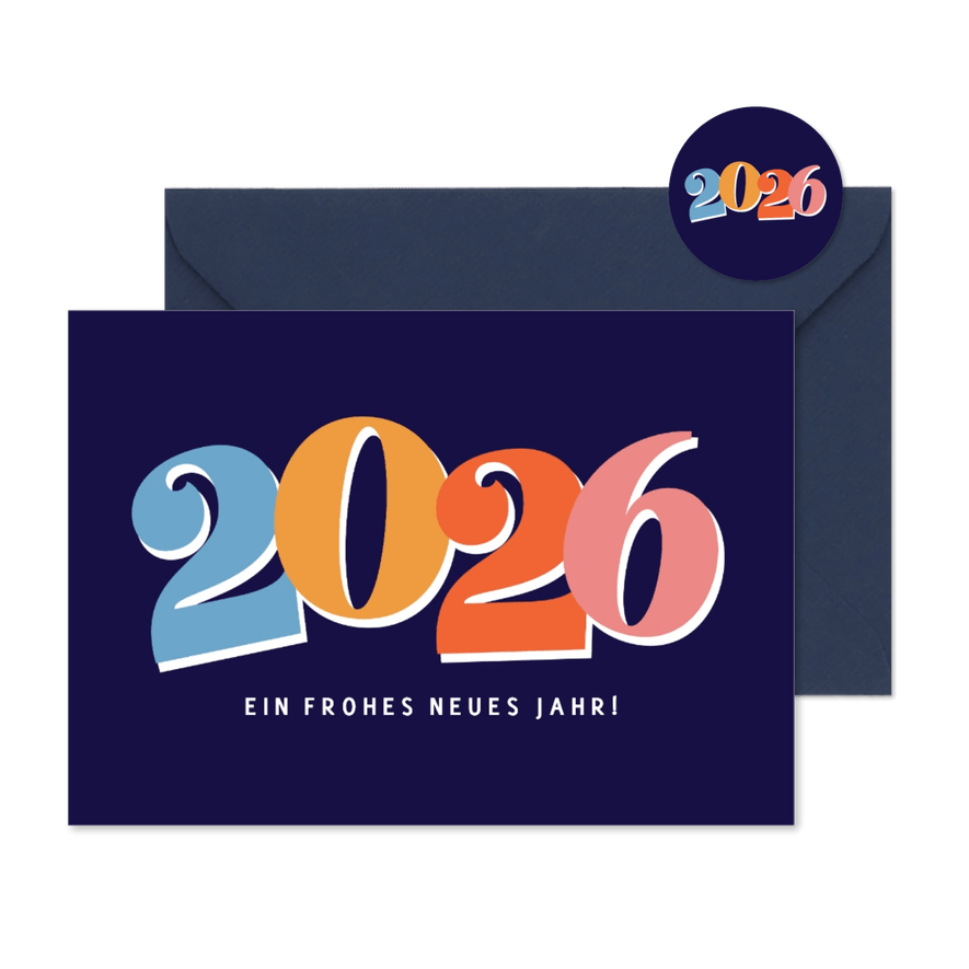 Postkarte bunte 2026 auf dunkelblau - Karteneindruck