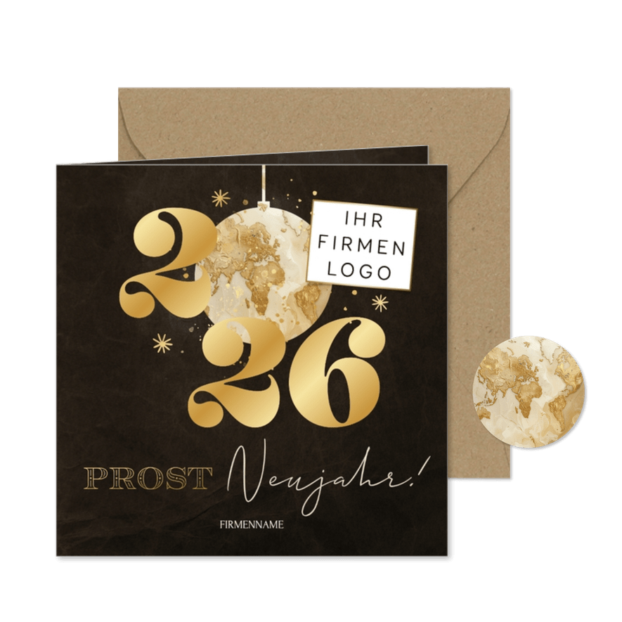 'Prost Neujahr!' geschäftliche Neujahrskarte Logo Welt 2026 - Karteneindruck
