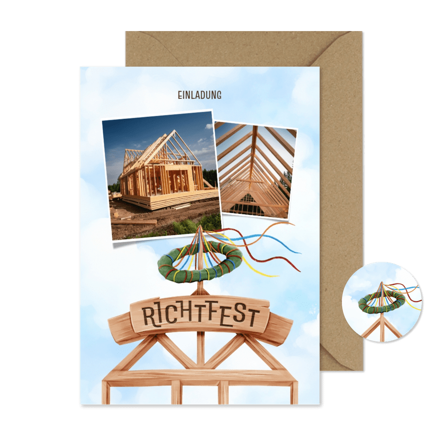 Richtfest-Einladung Dachstuhl mit Kranz & Fotos - Karteneindruck
