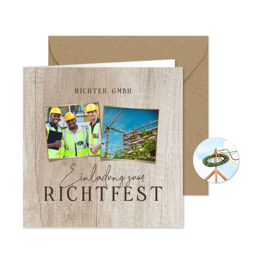 Richtfest-Einladung Firma Fotos auf Hozhintergrund - Kartenvorschau