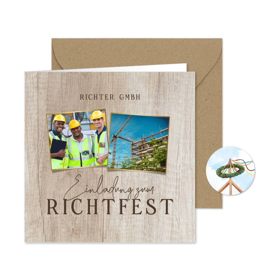 Richtfest-Einladung Firma Fotos auf Hozhintergrund - Karteneindruck