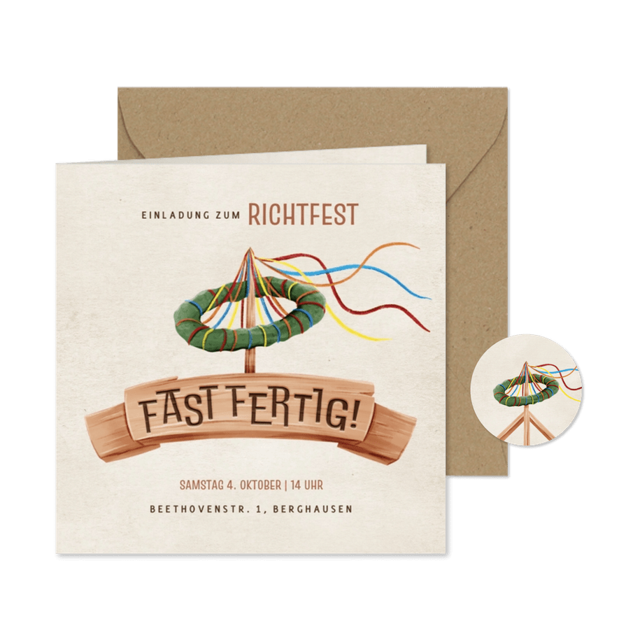 Richtfest Einladung Holzbanner 'Fast fertig' - Kartenvorschau