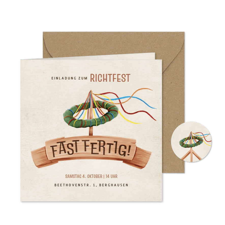 Richtfest Einladung Holzbanner 'Fast fertig' - Karteneindruck
