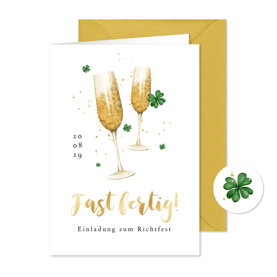 Richtfest Einladung Sektgläser & Glücksklee - Karteneindruck