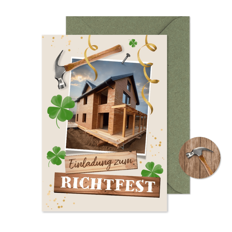 Richtfest Einladungskarte Foto, Hammer & Glücksklee - Karteneindruck
