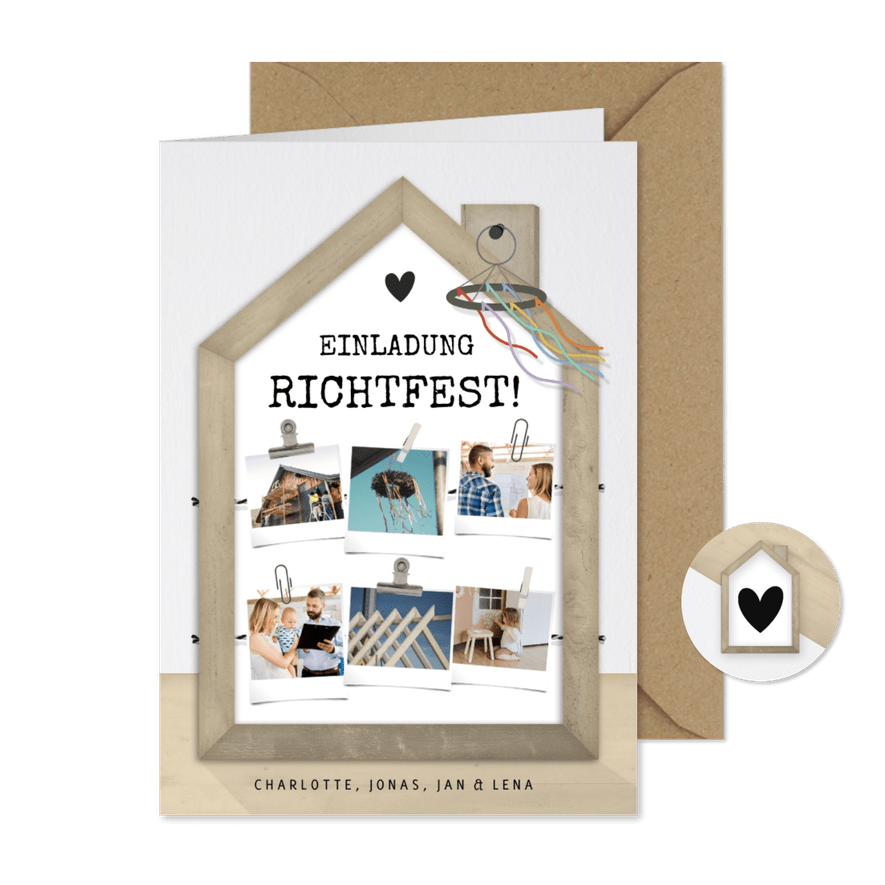 Richtfest-Einladungskarte Haus mit Fotos - Kartenvorschau
