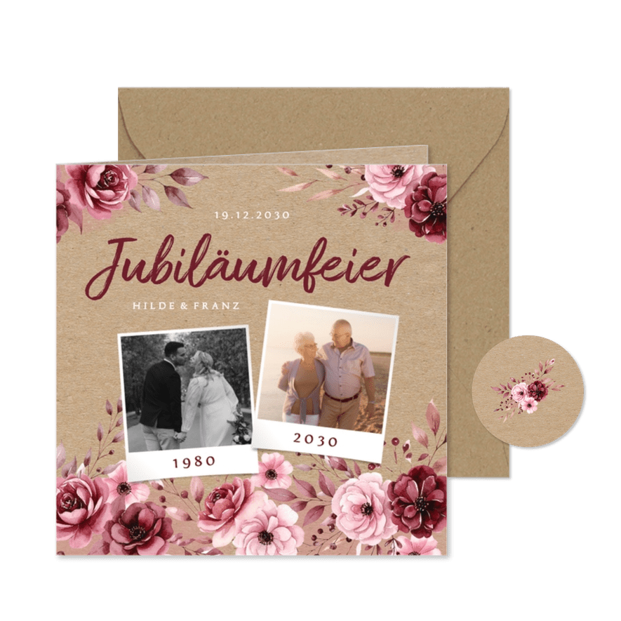 Rosa Blumen auf Kraftpapier Hochzeitsjubiläum Fotocollage - Karteneindruck