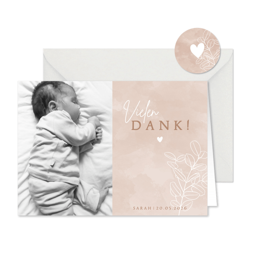 Rosa Dankeschönkarte zur Geburt mit Foto - Karteneindruck