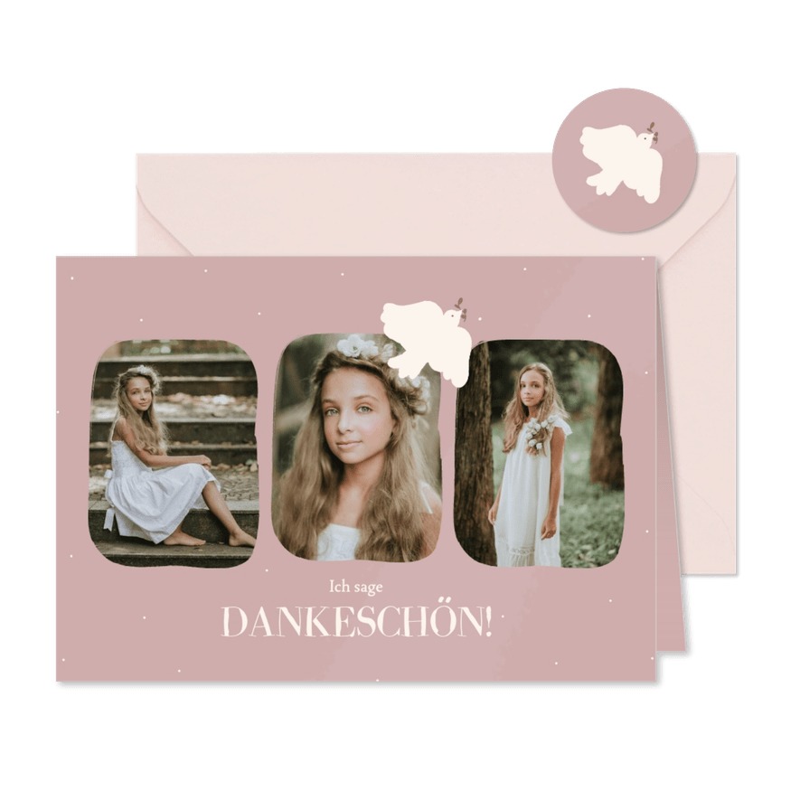 Rosa DankeskarteKommunion weiße Taube mit Fotos - Karteneindruck