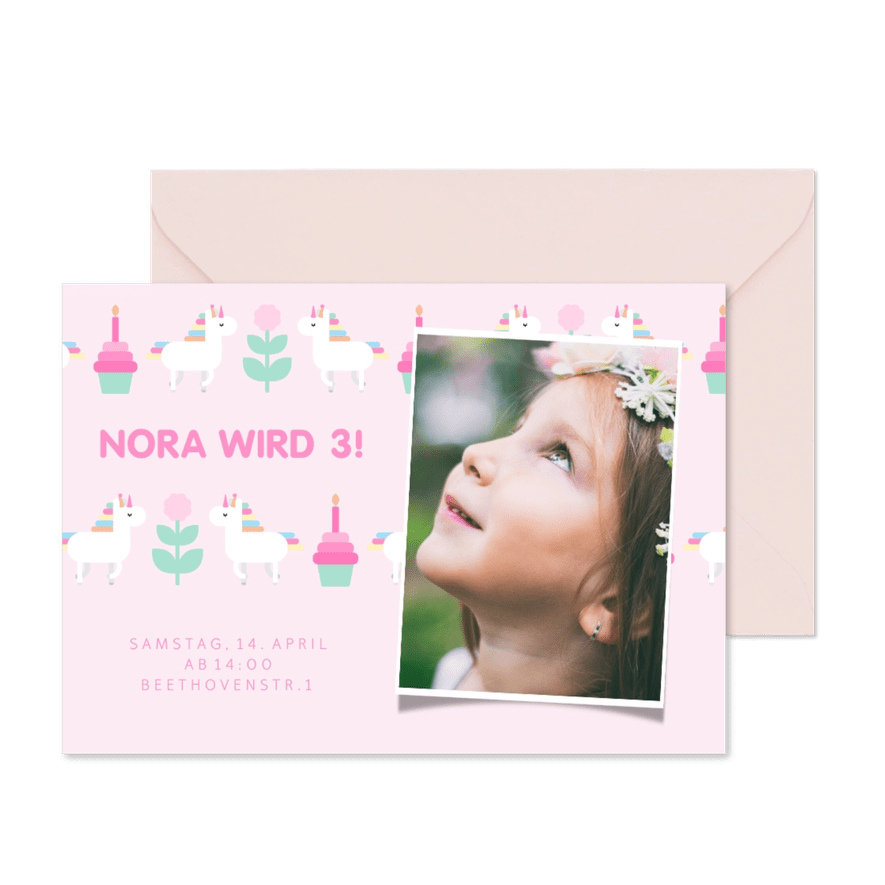 Rosa Einladung mit Foto, Einhorn und Cupcakes 3 Jahre - Kartenvorschau