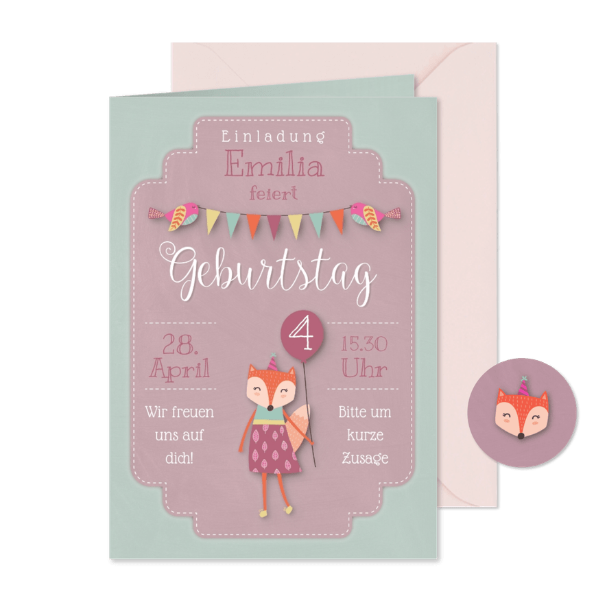 Rosa Einladungskarte 4. Kindergeburtstag kleiner Fuchs - Kartenvorschau