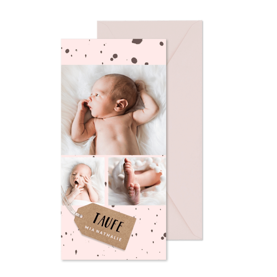 Rosa Foto-Einladung zur Taufe schwarze Kleckse - Karteneindruck
