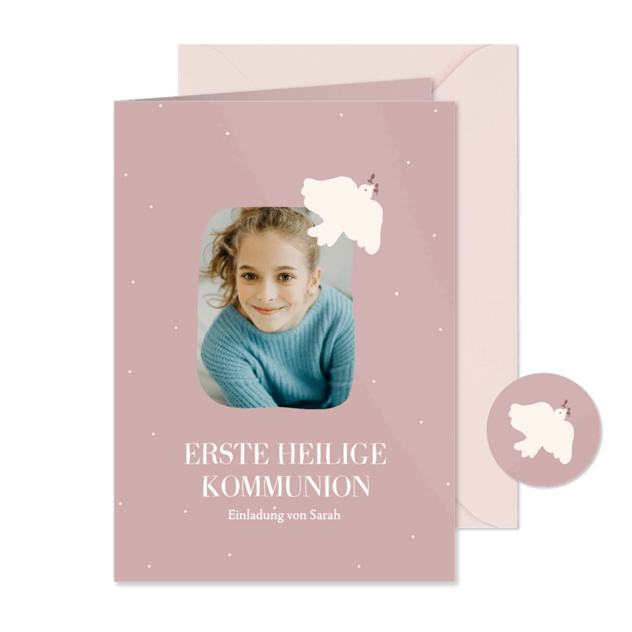 Rosa Kommunionskarte weiße Taube mit Foto - Karteneindruck