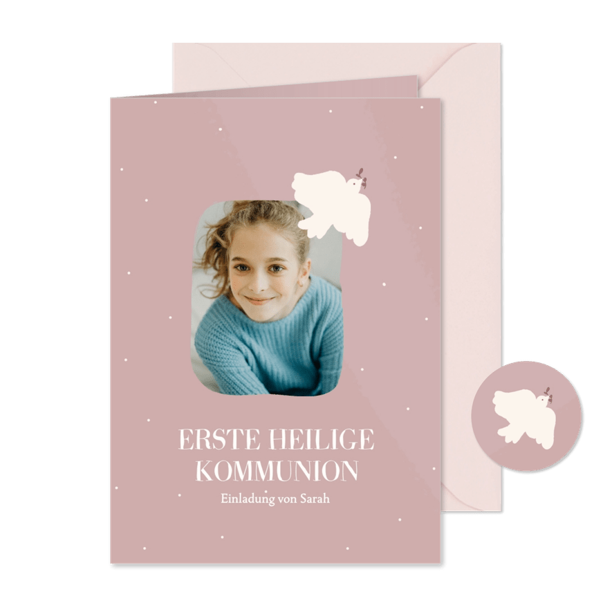 Rosa Kommunionskarte weiße Taube mit Foto - Karteneindruck