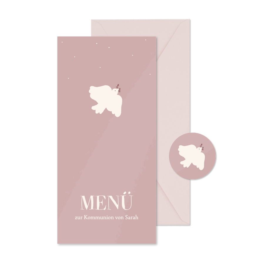 Rosa Menükarte zur Kommunion weiße Taube - Karteneindruck
