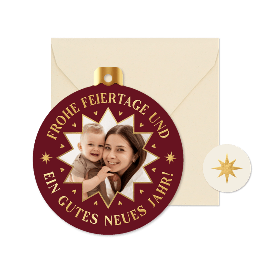 Rote Weihnachtsgrußkarte als Weihnachtskugel mit Foto - Kartenvorschau
