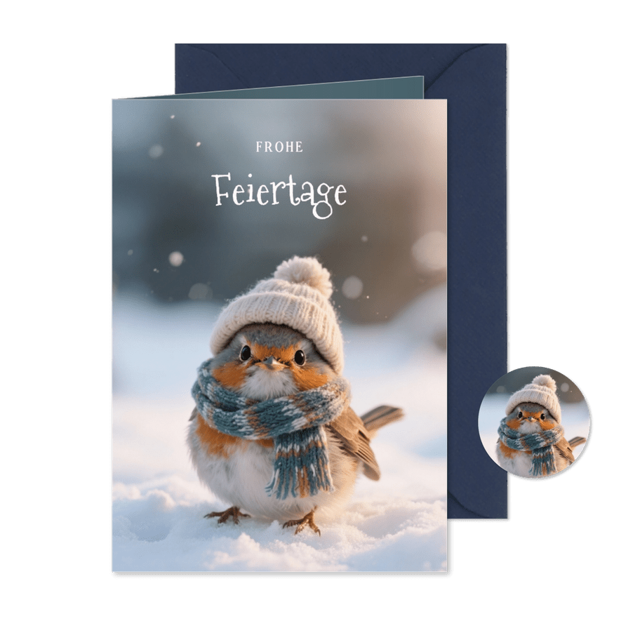 Rotkehlchen im Schnee Weihnachtskarte Mütze und Schal - Karteneindruck
