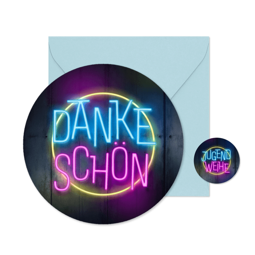 Runde Dankeskarte Jugendweihe Neonlook - Karteneindruck