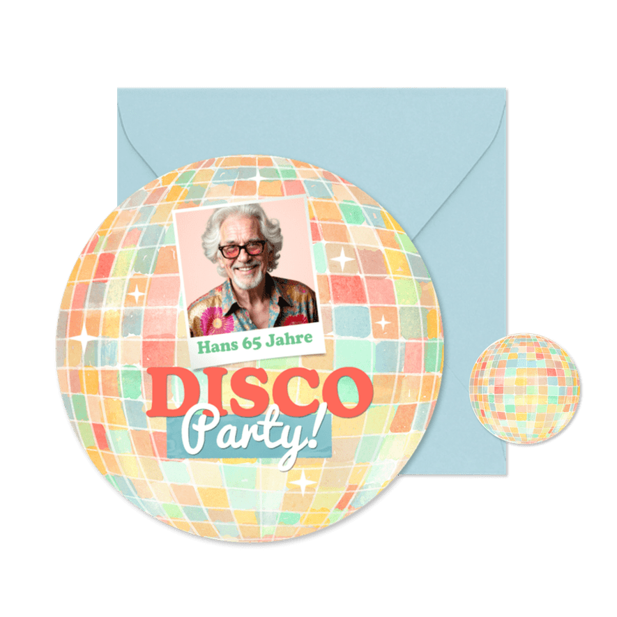 Runde Einladungskarte bunte Discokugel mit Foto - Karteneindruck
