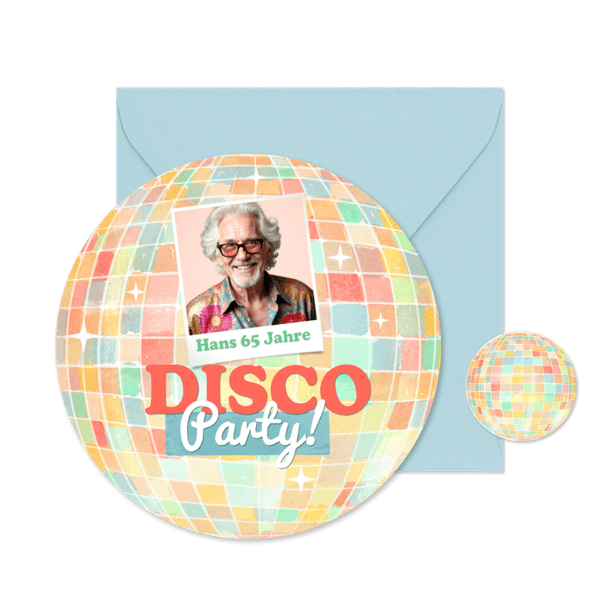 Runde Einladungskarte bunte Discokugel mit Foto - Karteneindruck