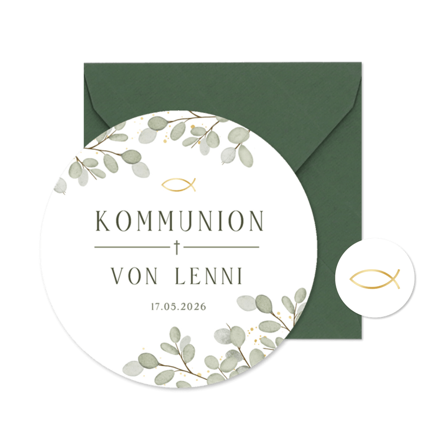 Runde Einladungskarte Kommunion Eukalyptus Ichthys - Kartenvorschau