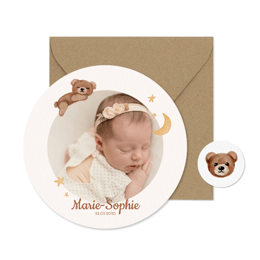 Runde Geburtskarte Foto Teddybär Mond und Sterne - Karteneindruck
