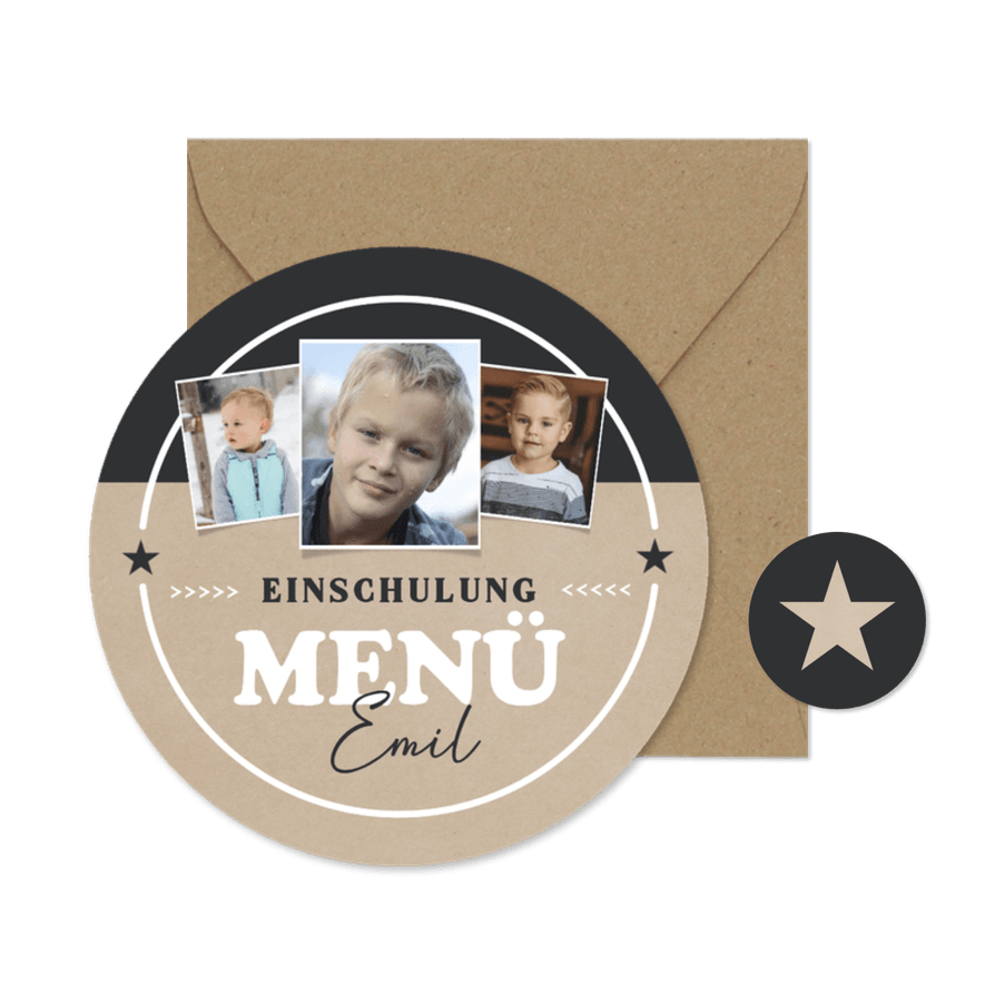 Runde Menükarte Kraftlook mit Foto zur Einschulung - Kartenvorschau