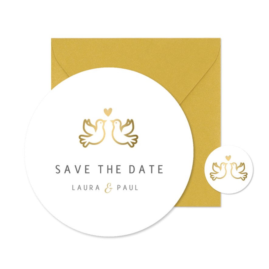 Runde Save-the-Date-Karte Hochzeit Tauben und Herz - Karteneindruck