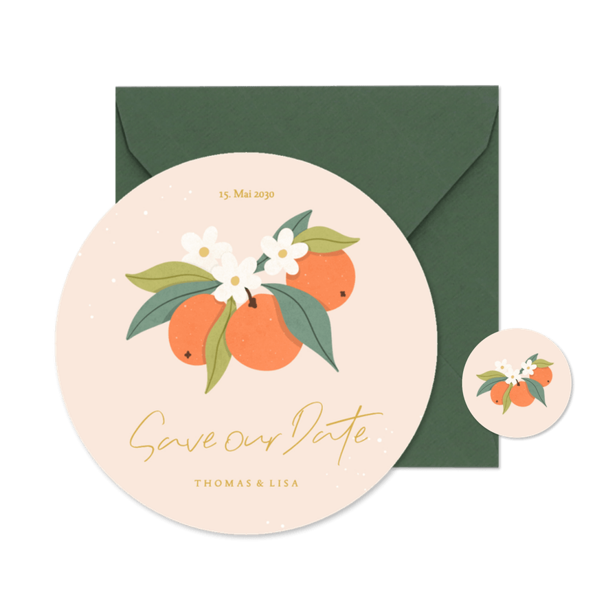 Runde Save-the-Date-Karte Orangenblüten Hochzeitsreise - Karteneindruck
