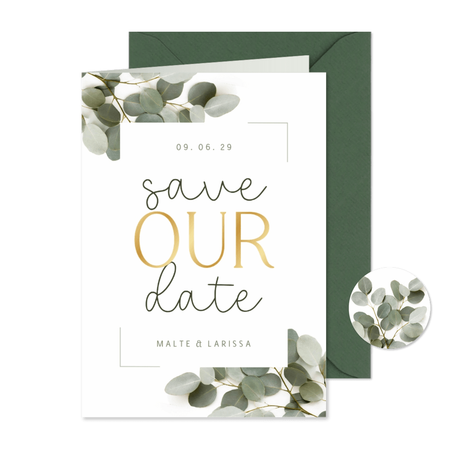 Save-Our-Date-Karte Eukalyptus & Goldschrift - Karteneindruck