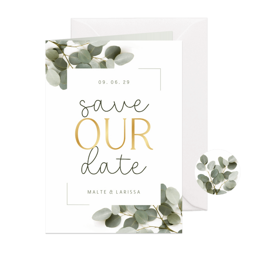 Save-Our-Date-Karte Eukalyptus & Goldschrift - Karteneindruck
