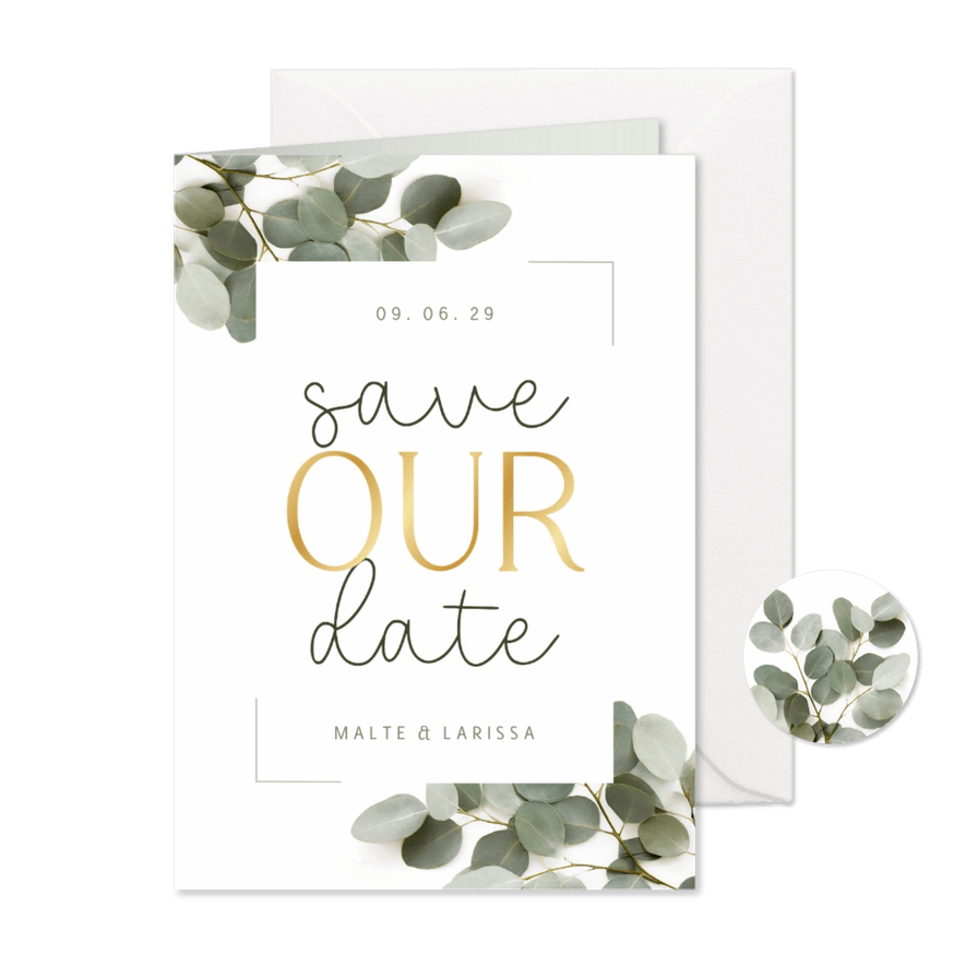 Save-Our-Date-Karte Eukalyptus & Goldschrift - Karteneindruck
