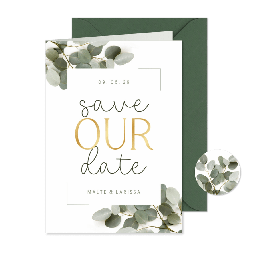 Save-Our-Date-Karte Eukalyptus & Goldschrift - Karteneindruck
