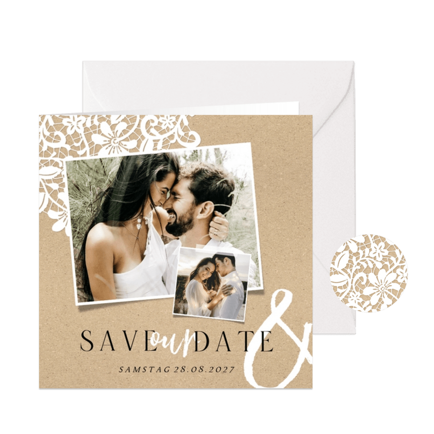 Save-our-Date-Karte Fotos Spitze romantisch Kraftpapierlook - Karteneindruck
