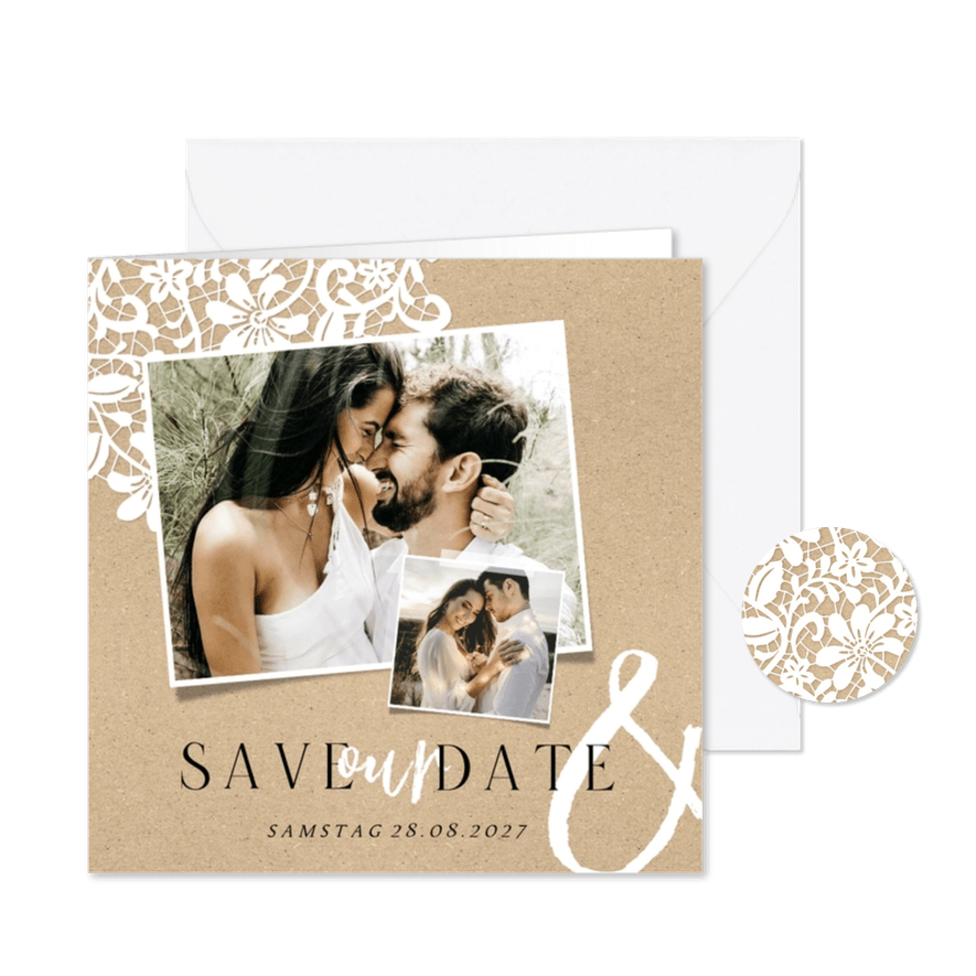 Save-our-Date-Karte Fotos Spitze romantisch Kraftpapierlook - Kartenvorschau