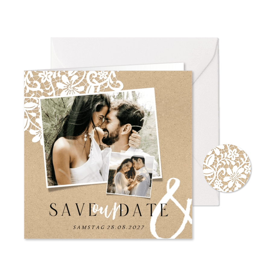 Save-our-Date-Karte Fotos Spitze romantisch Kraftpapierlook - Karteneindruck
